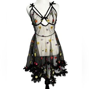 Unbranded Women’s Sheer Babydoll Negligee Style Dress Embroidered Flowers